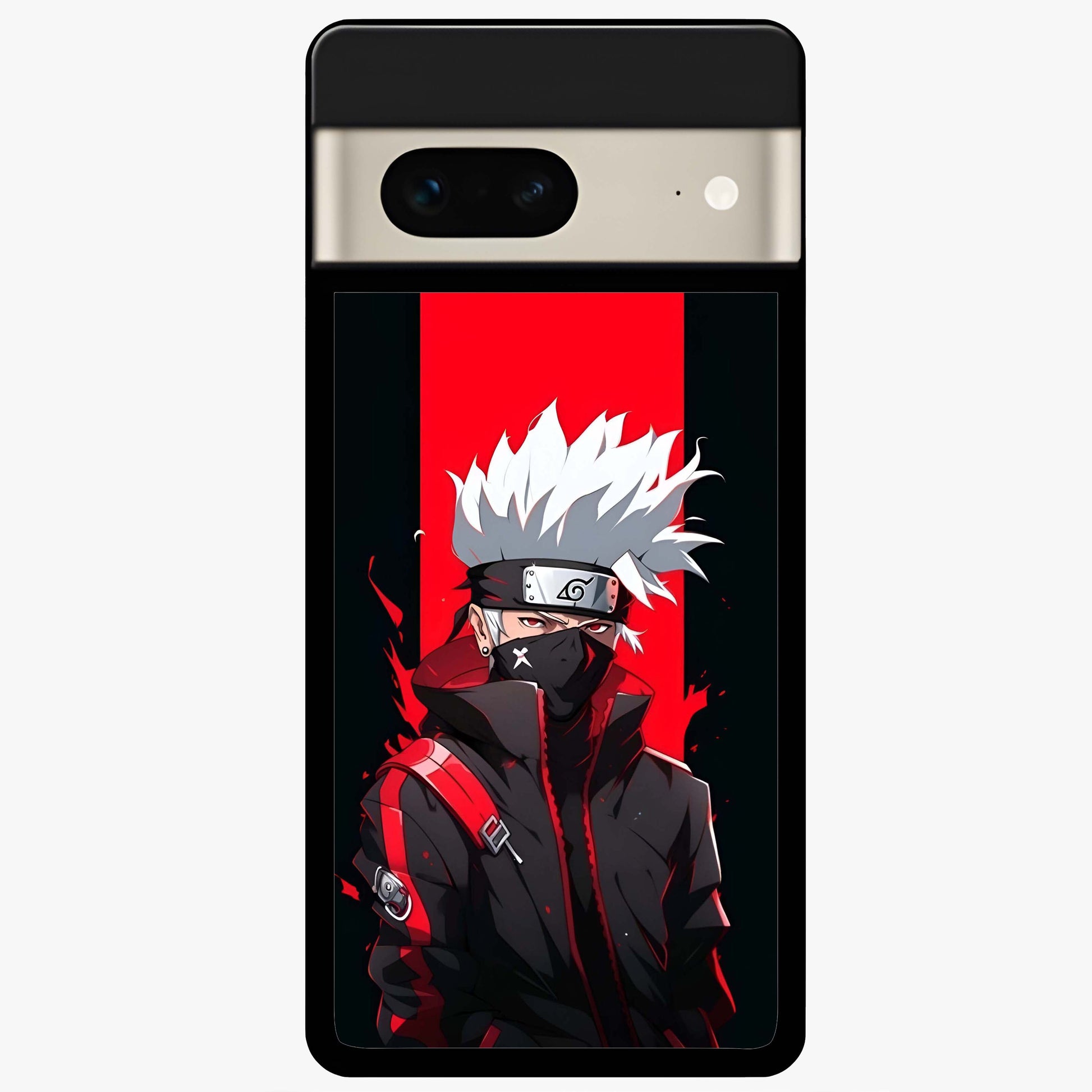 Kakashi Scarlet Shadow Glass Case showing flat back view with powerful anime ninja artwork and glossy glass finish.