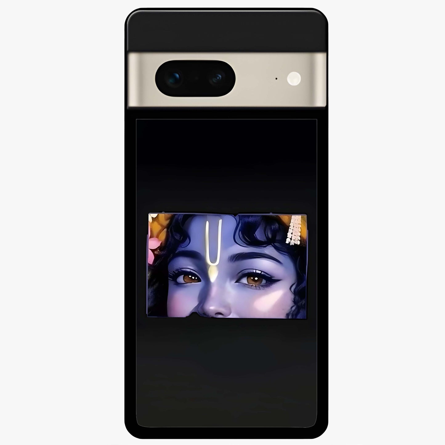 Krishna Divine Embrace Glass Case showing flat back view with Lord Krishna devotional artwork and glossy glass finish.