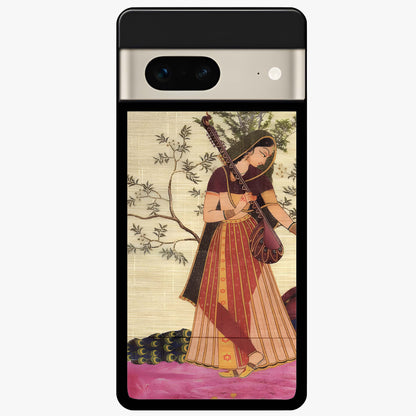 Lady With Veena Art Glass Case showing flat back view with elegant woman playing veena artwork and glossy glass finish.