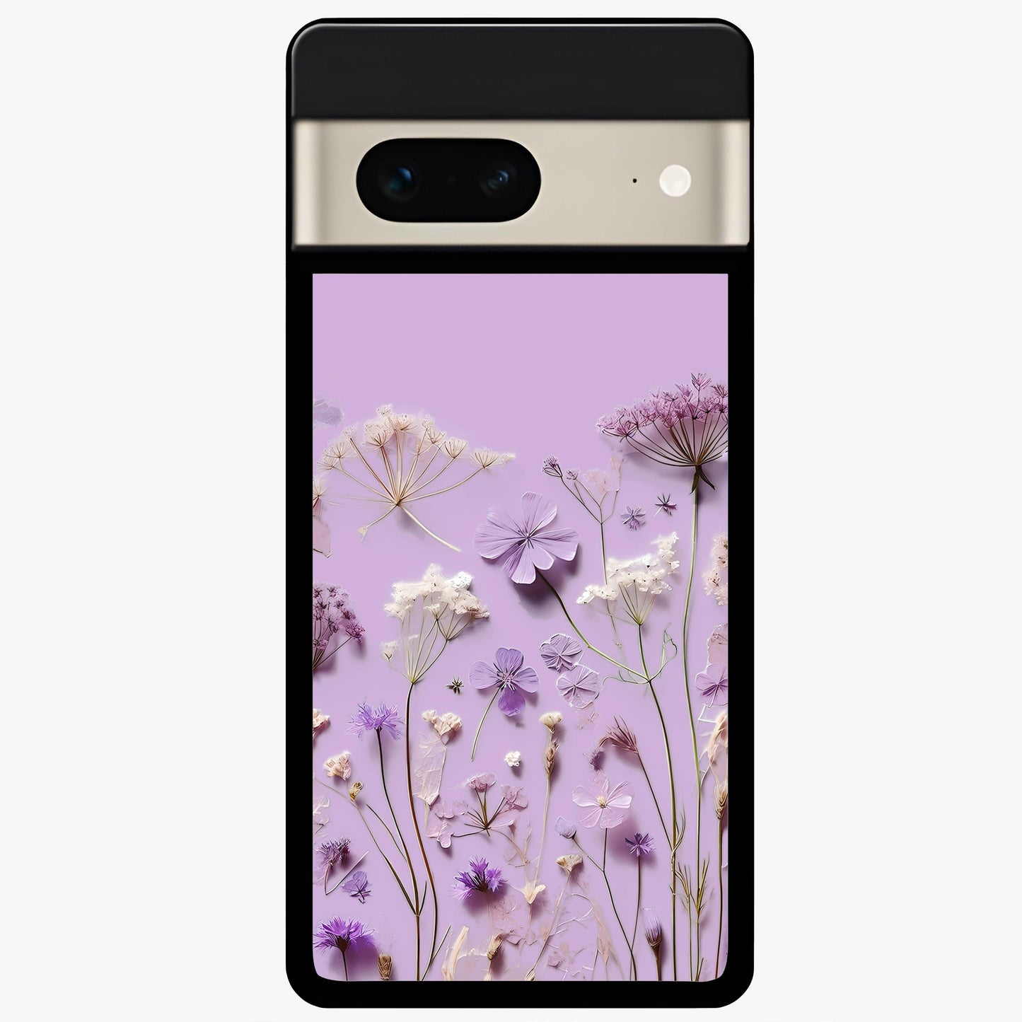 Lavender Blossom Dream Glass Case showing flat back view with soft lavender floral artwork and glossy glass finish.