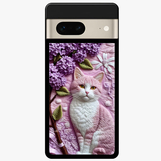 Lavender Cat Whimsy Glass Case showing flat back view with cute lavender cat artwork and glossy glass finish.