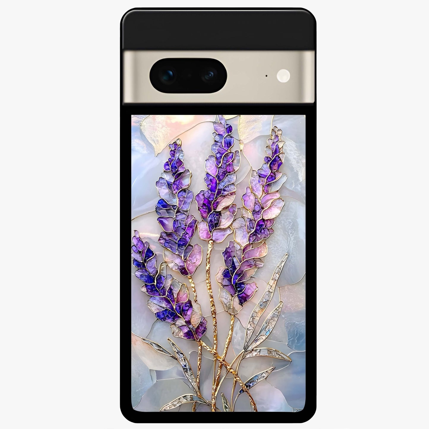 Lavender Dream Glow Glass Case showing flat back view with glowing lavender aesthetic artwork and glossy glass finish.