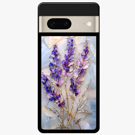 Lavender Dream Glow Glass Case showing flat back view with glowing lavender aesthetic artwork and glossy glass finish.