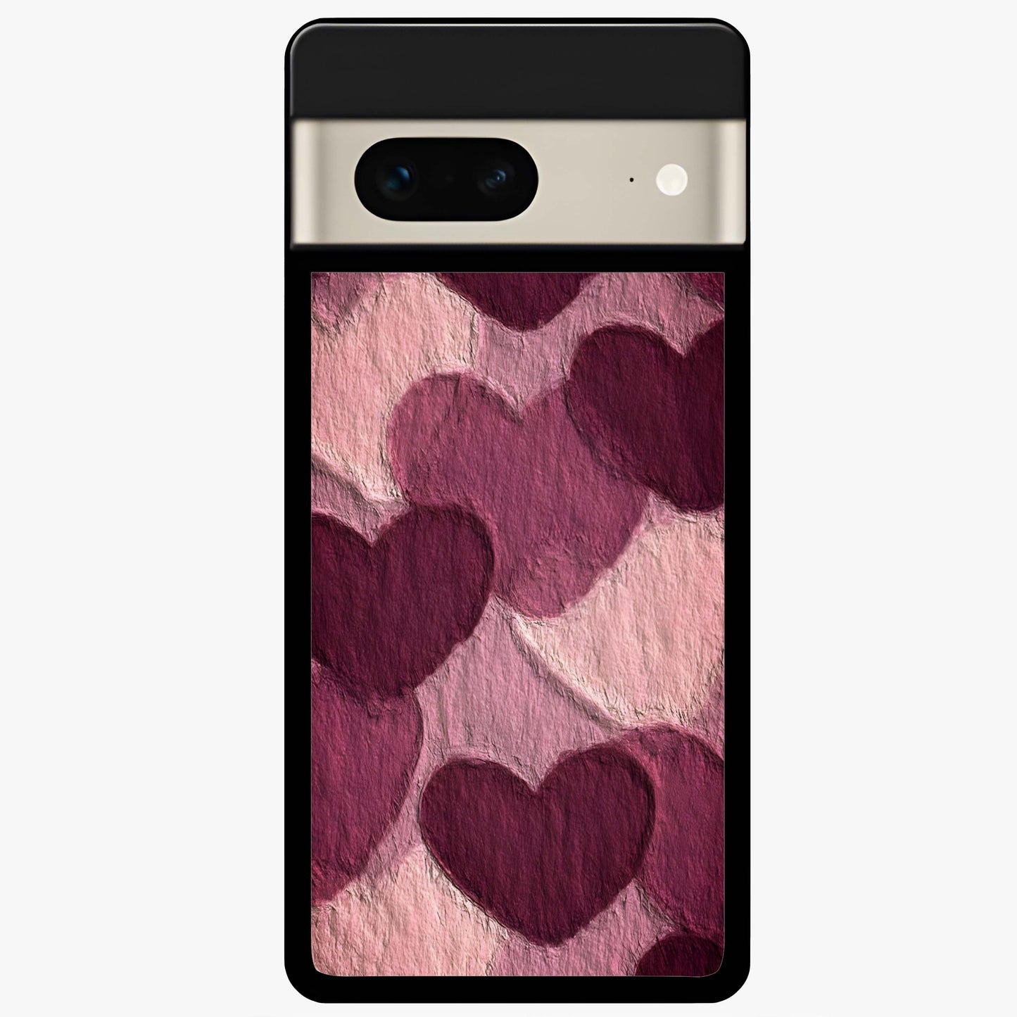 Layered Paper Hearts Glass Case showing flat back view with layered paper heart artwork and glossy glass finish.