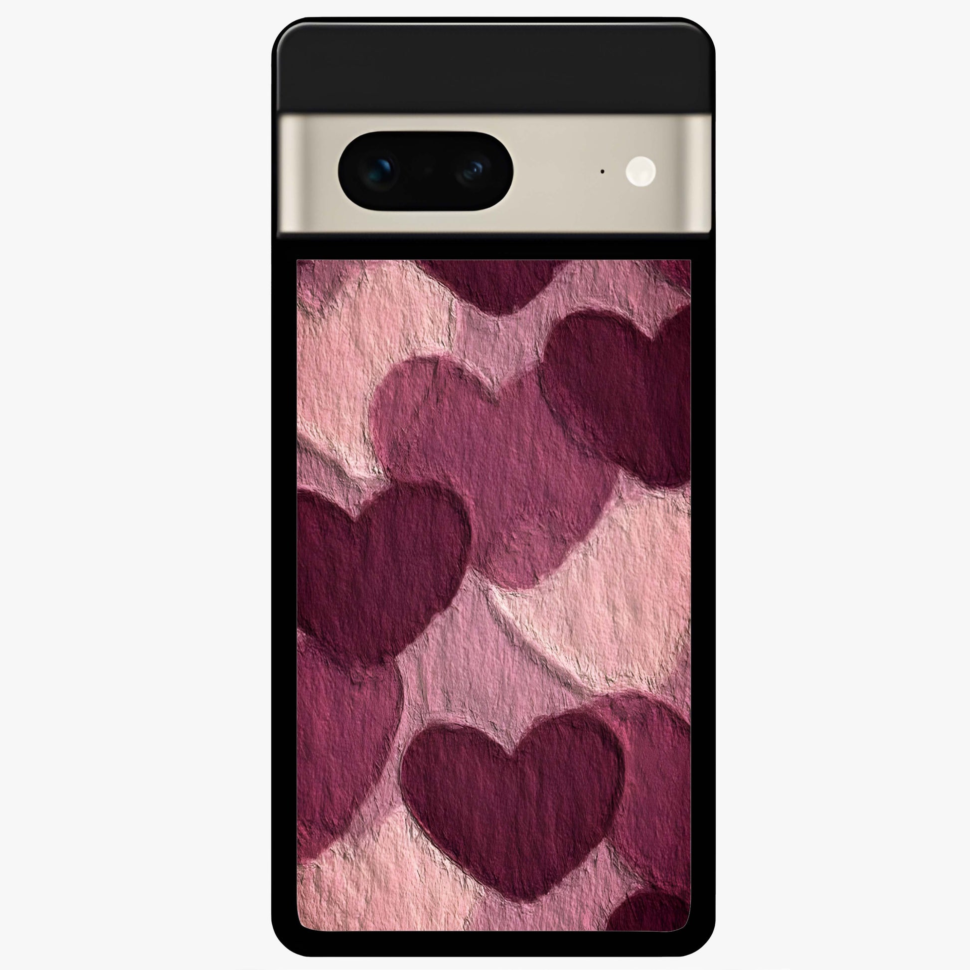 Layered Paper Hearts Glass Case showing flat back view with layered paper heart artwork and glossy glass finish.