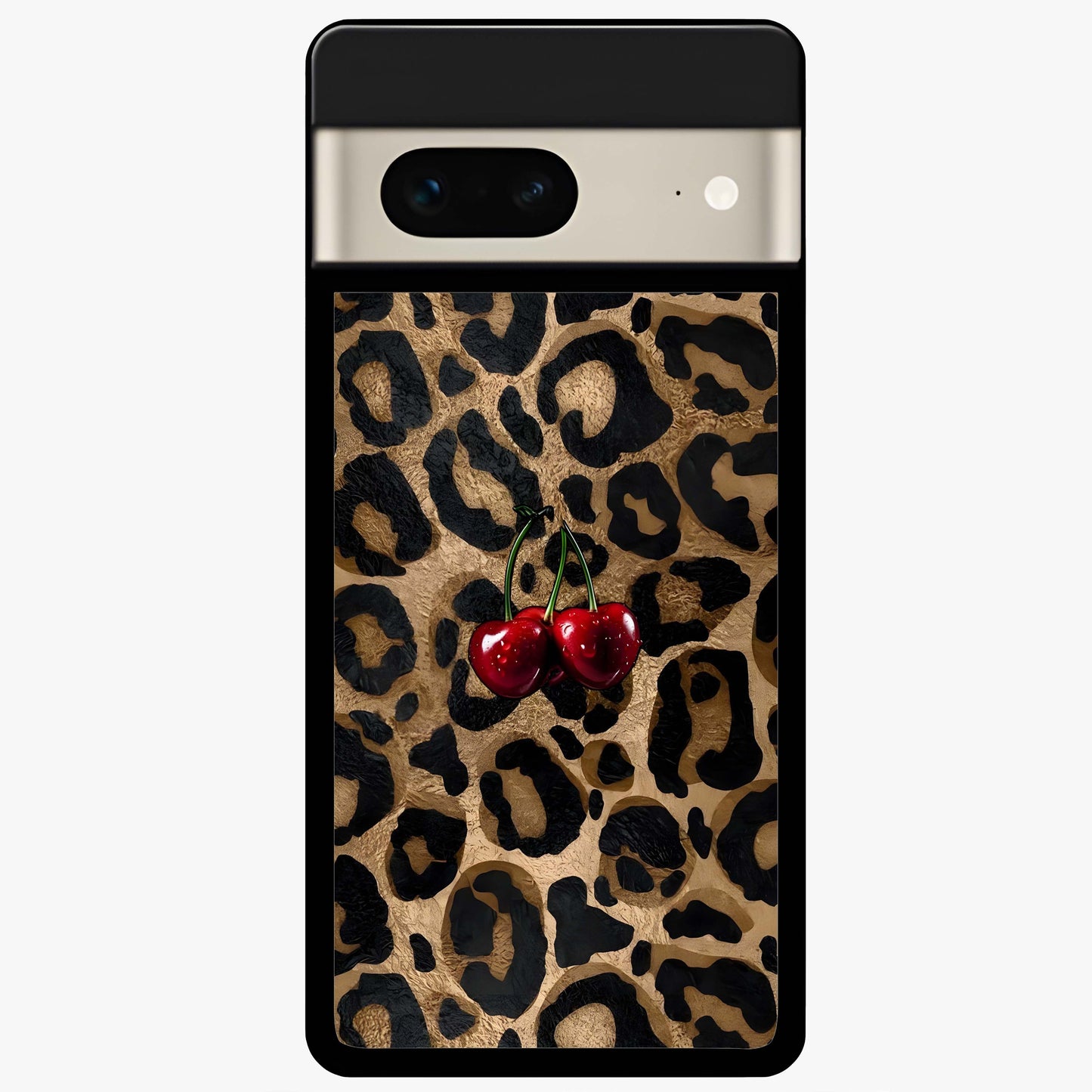 Leopard Wild Cherry Glass Case showing flat back view with leopard pattern and cherry artwork and glossy glass finish.