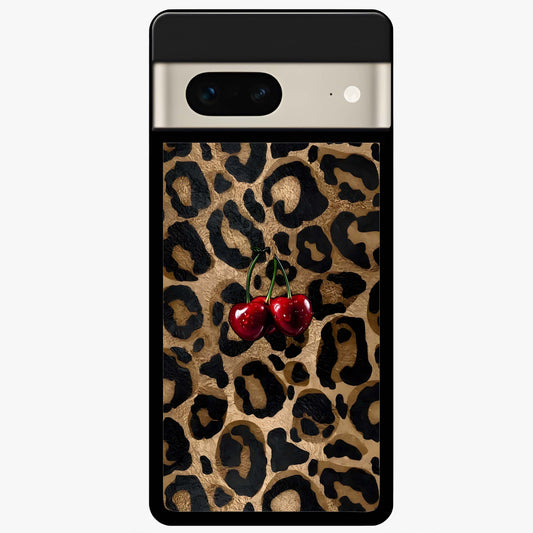 Leopard Wild Cherry Glass Case showing flat back view with leopard pattern and cherry artwork and glossy glass finish.