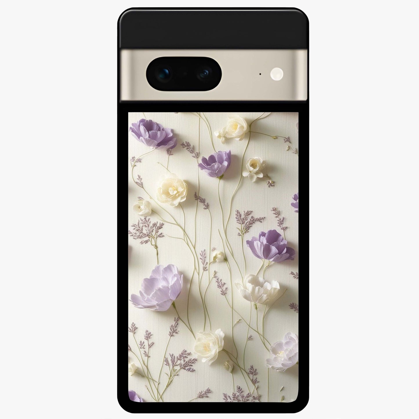 Lilac Breeze Harmony Glass Case showing flat back view with soft lilac themed artwork and glossy glass finish.