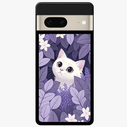 Lilac Hide Peek Cat Glass Case showing flat back view with cute peeking cat artwork and glossy glass finish.