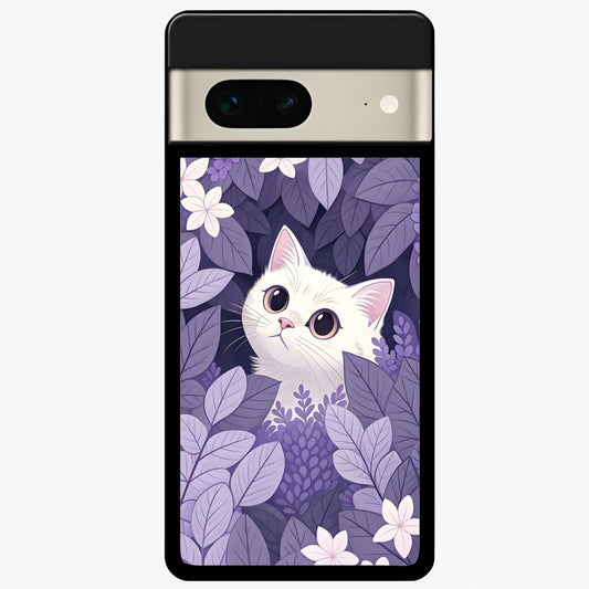 Lilac Hide Peek Cat Glass Case showing flat back view with cute peeking cat artwork and glossy glass finish.
