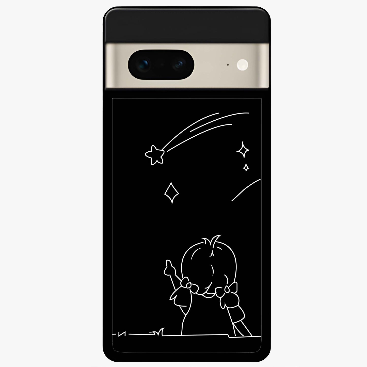 Line Art Girl With Shooting Stars Glass Case showing flat back view with minimal line art girl and shooting stars illustration and glossy glass finish.