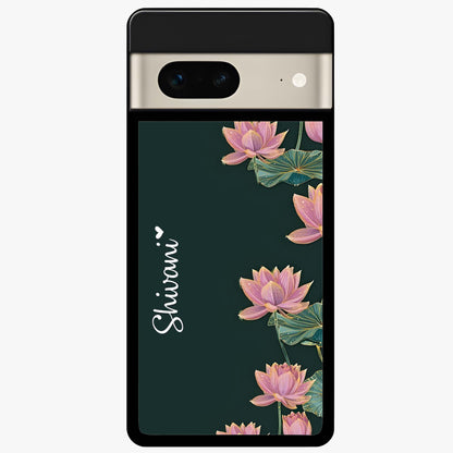Lotus Bloom Serenity Custom Name Glass Case showing flat back view with elegant lotus flower artwork and personalized name design.