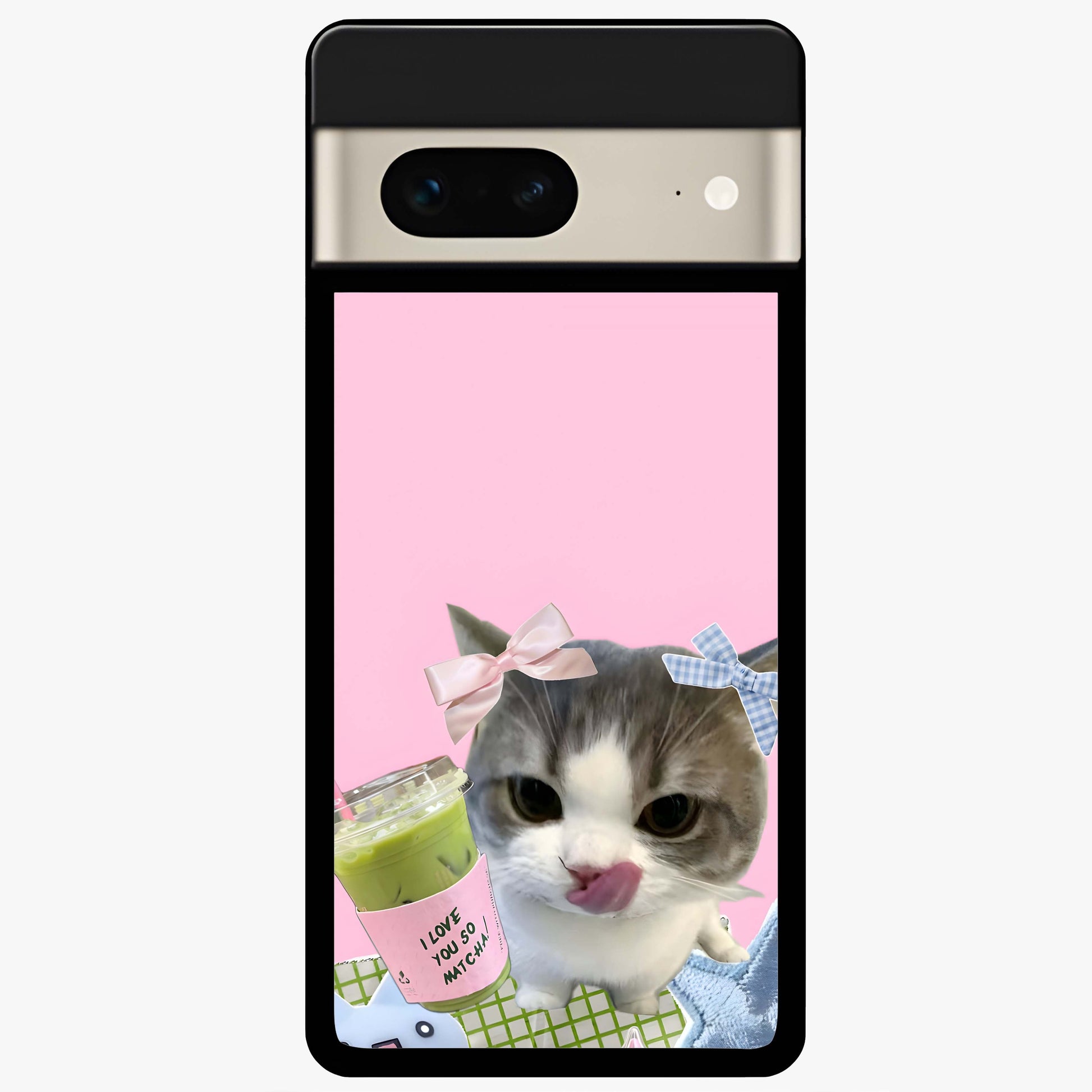 Love Matcha Cat Glass Case showing flat back view with cute cat and matcha themed artwork and glossy glass finish.