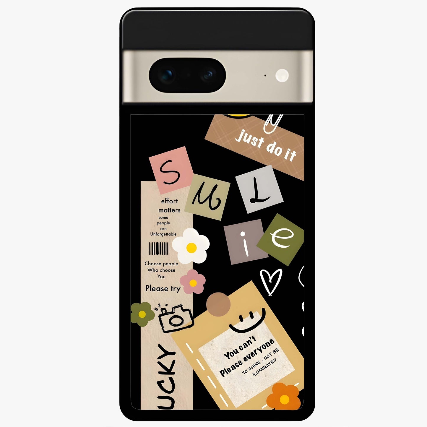 Lucky Aesthetic Collage Glass Case showing flat back view with trendy aesthetic collage artwork and glossy glass finish.