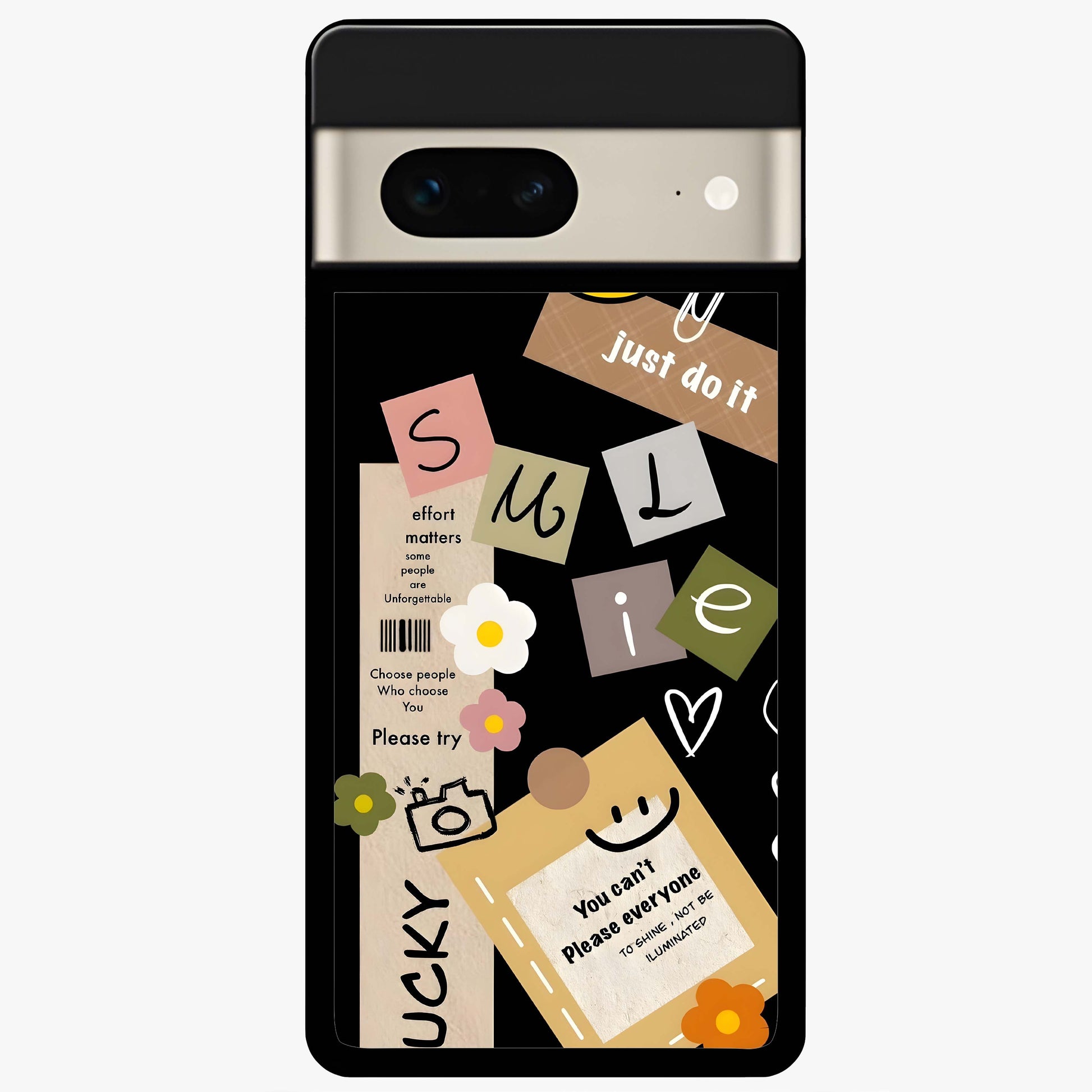 Lucky Aesthetic Collage Glass Case showing flat back view with trendy aesthetic collage artwork and glossy glass finish.