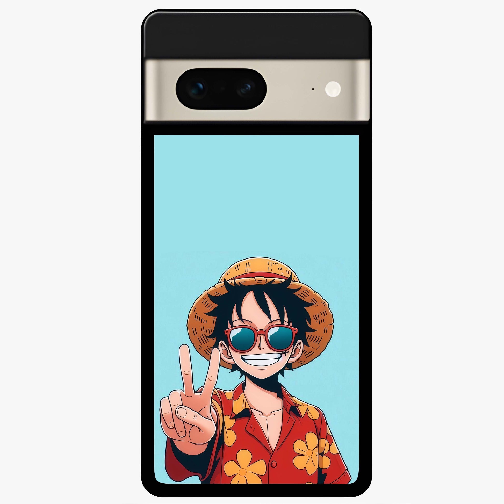 Luffy Summer Anime Vibe Glass Case showing flat back view with vibrant anime character artwork and glossy glass finish.