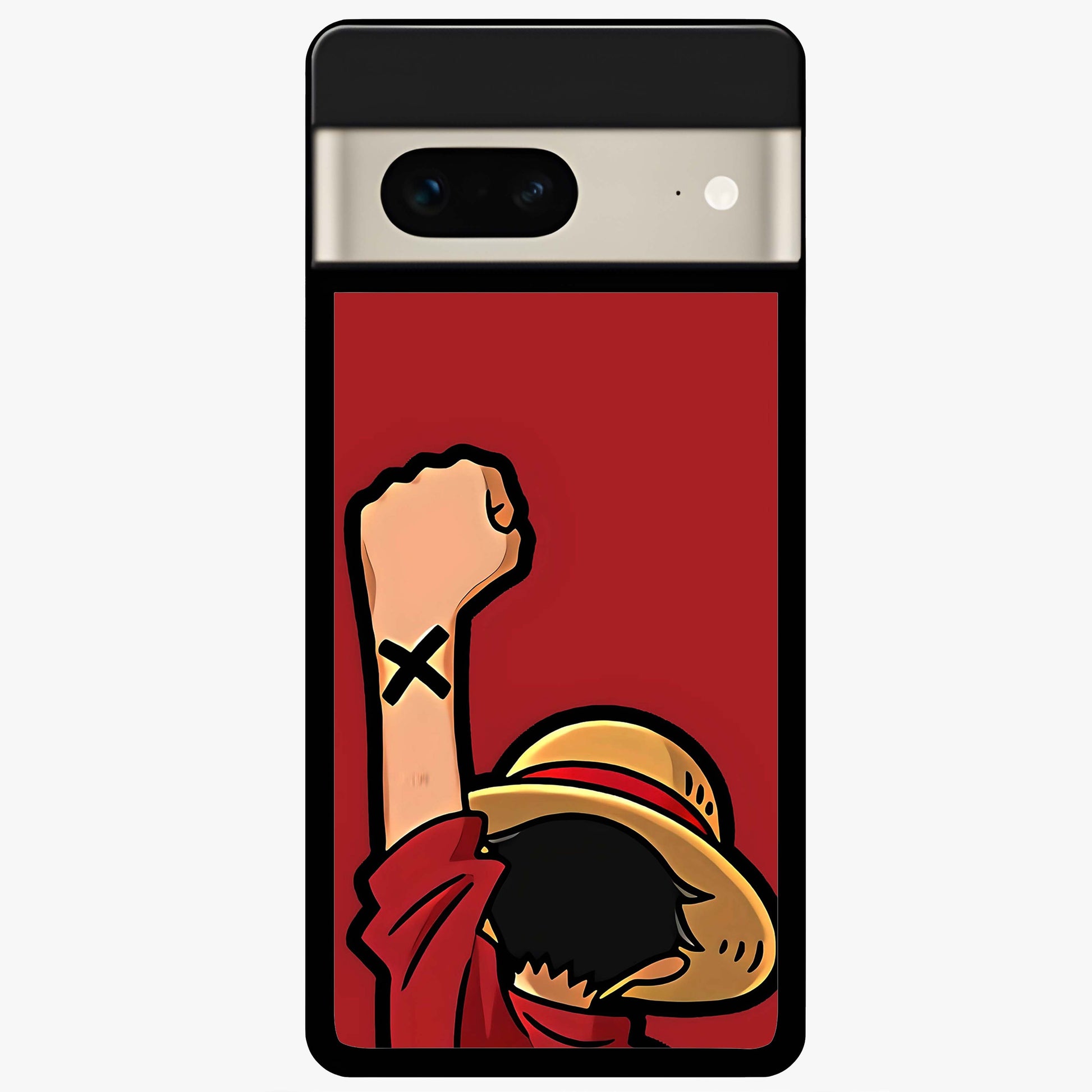 Luffy X Spirit Glass Case showing flat back view with bold anime character artwork and glossy glass finish.
