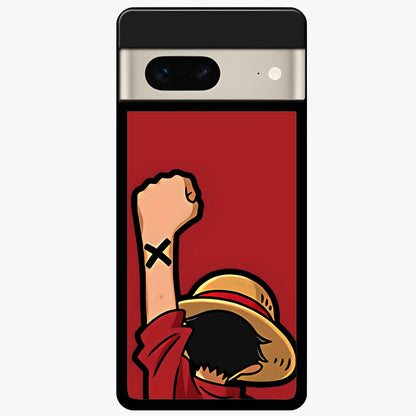 Luffy X Spirit Glass Case showing flat back view with bold anime character artwork and glossy glass finish.