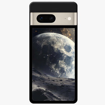 Lunar Horizon Glow Glass Case showing flat back view with glowing moon horizon artwork and glossy glass finish.