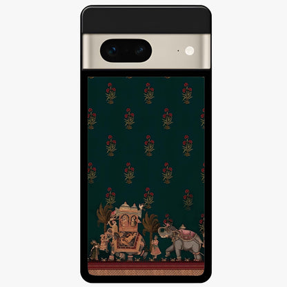 Macmerise Glass Case showing flat back view with stylish modern artwork and glossy glass finish.