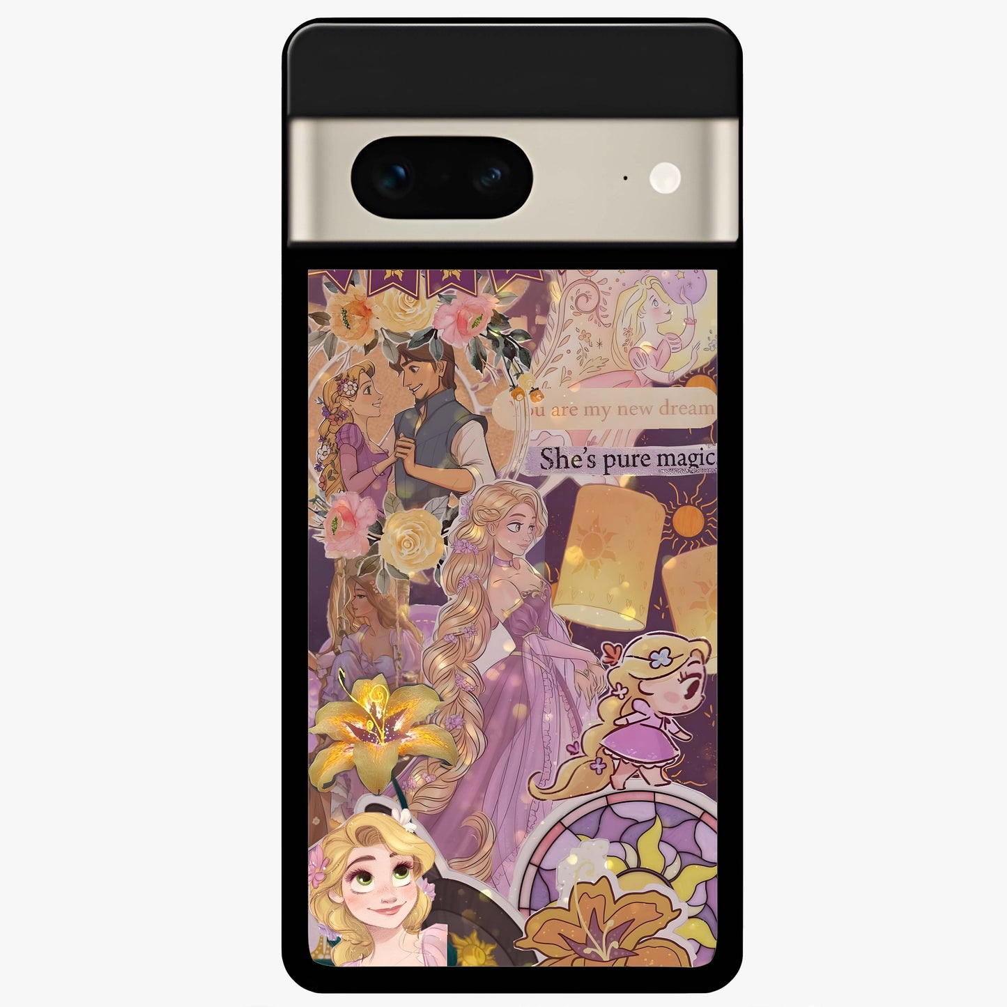 Magical Tangled Dream Glass Case showing flat back view with dreamy tangled artwork and glossy glass finish.
