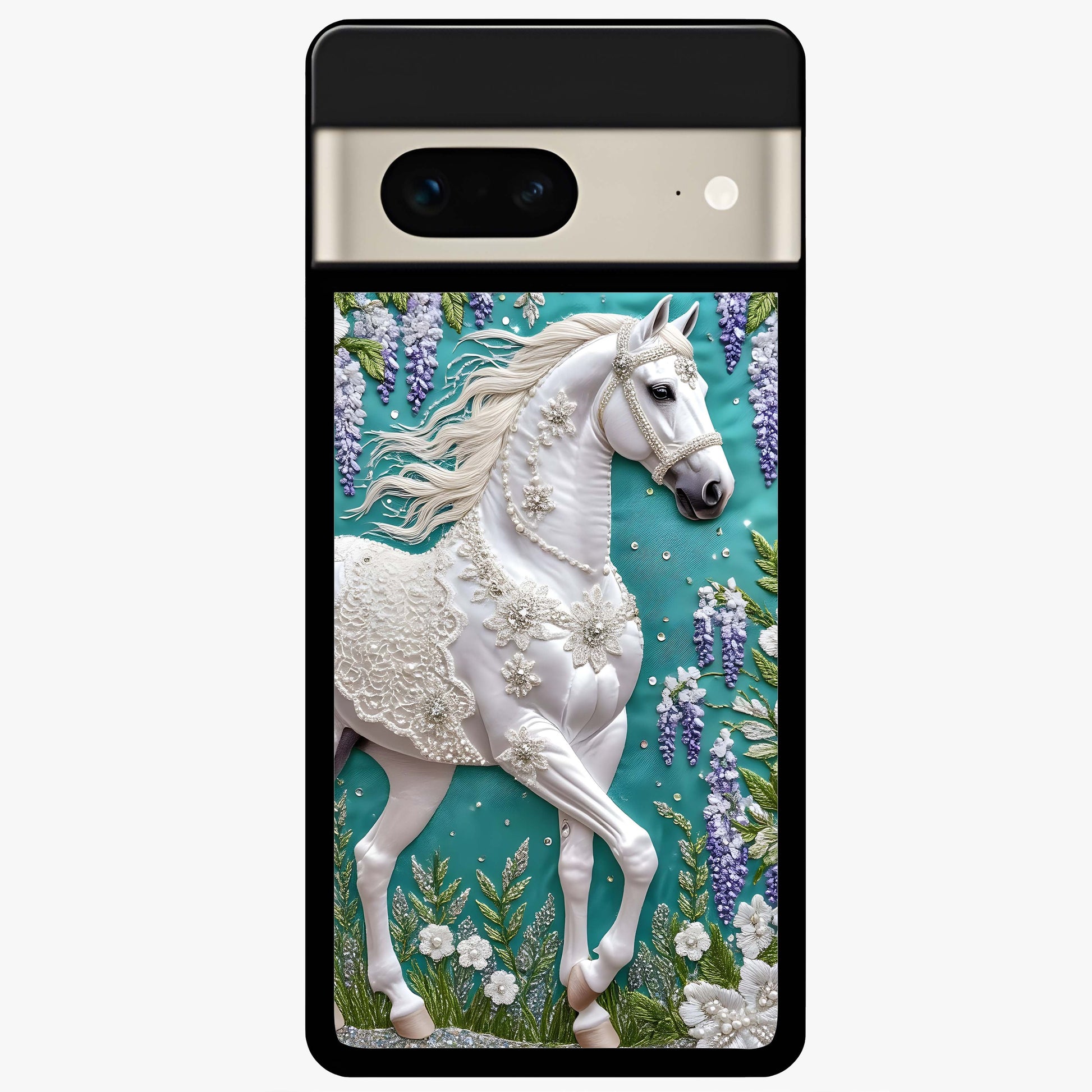 Majestic Floral Stallion Glass Case showing flat back view with powerful horse and floral artwork and glossy glass finish.