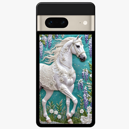 Majestic Floral Stallion Glass Case showing flat back view with powerful horse and floral artwork and glossy glass finish.