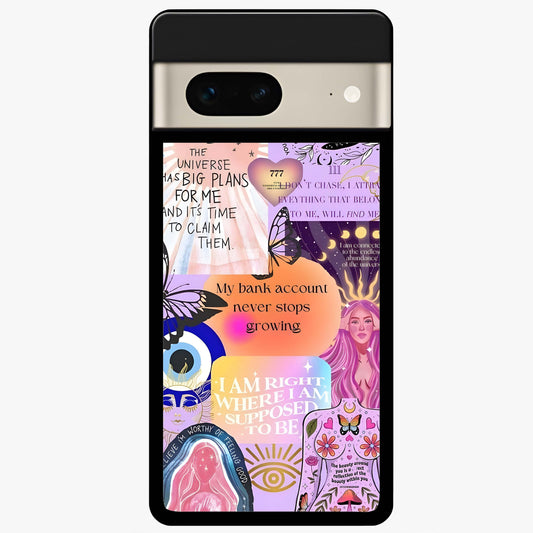 Manifestation Collage Glass Case showing flat back view with motivational collage artwork and glossy glass finish.