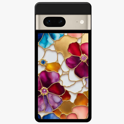 Marble Flower Pattern Glass Case showing flat back view with marble texture floral artwork and glossy glass finish.