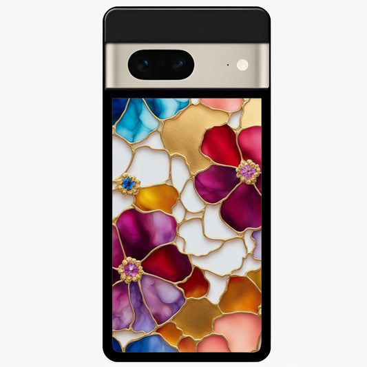 Marble Flower Pattern Glass Case showing flat back view with marble texture floral artwork and glossy glass finish.