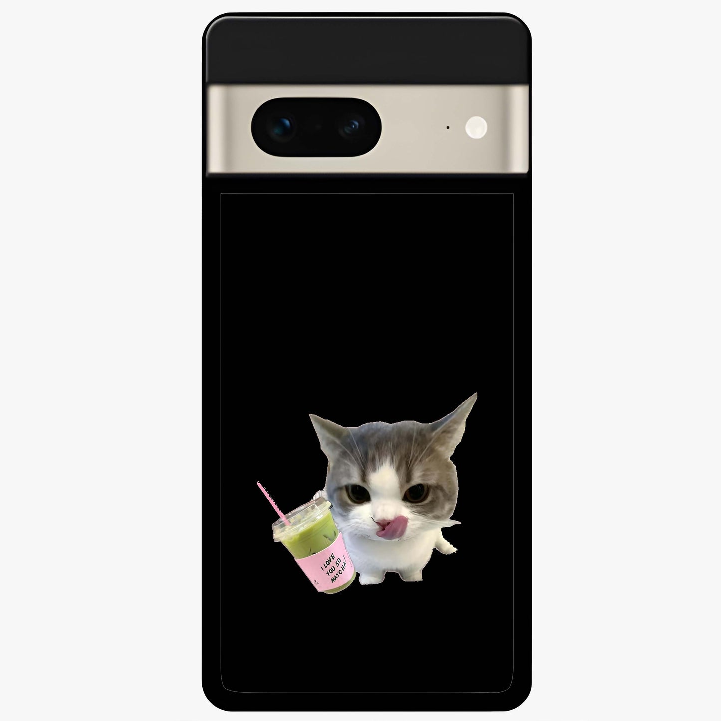 Matcha Cat Style Glass Case showing flat back view with cute matcha themed cat artwork and glossy glass finish.