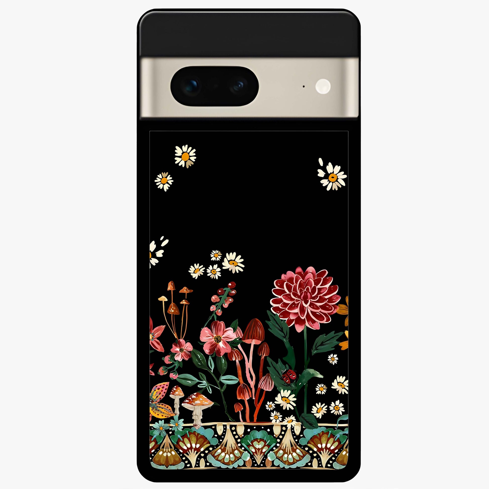 Midnight Bloom Pattern Glass Case showing flat back view with dark floral pattern artwork and glossy glass finish.