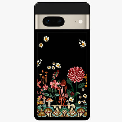Midnight Bloom Pattern Glass Case showing flat back view with dark floral pattern artwork and glossy glass finish.