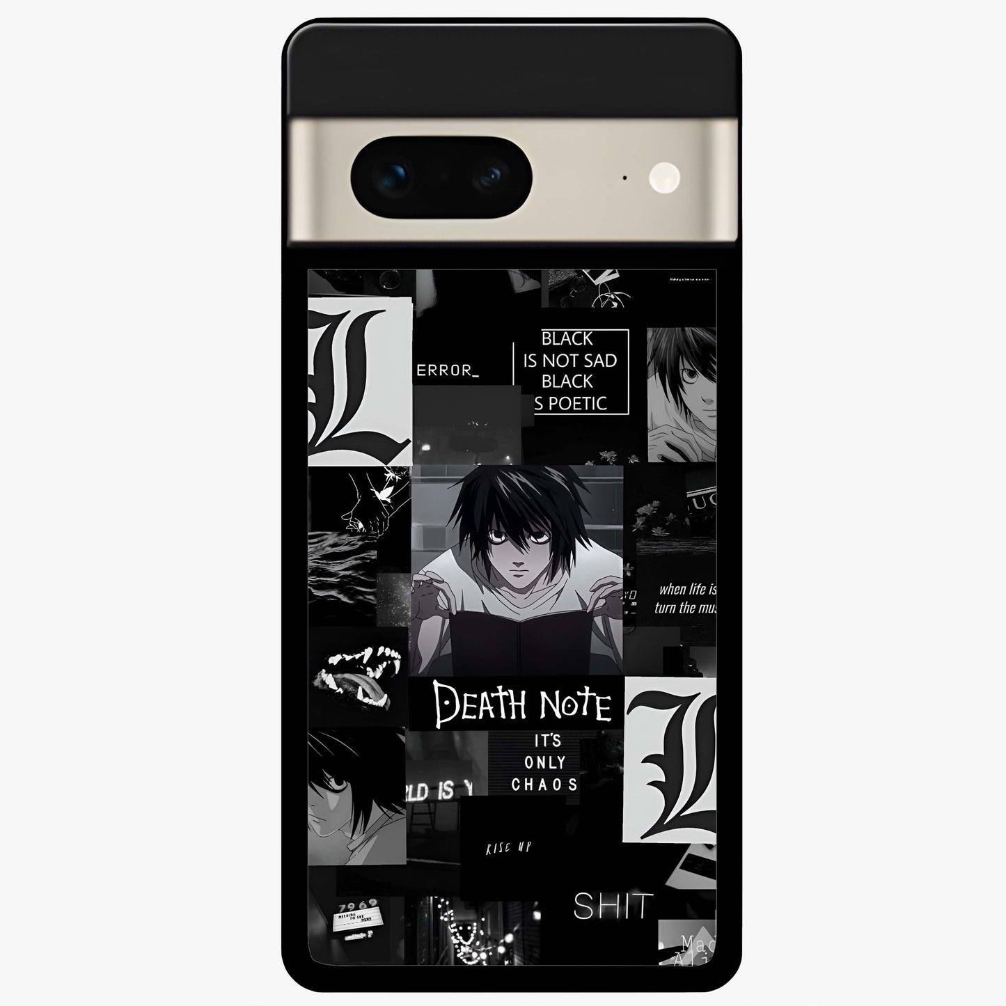 Midnight Chaos Mind Glass Case showing flat back view with abstract dark themed artwork and glossy glass finish.