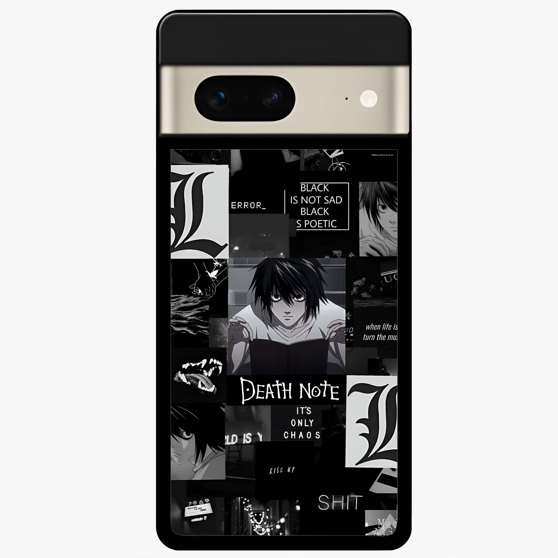Midnight Chaos Mind Glass Case showing flat back view with abstract dark themed artwork and glossy glass finish.
