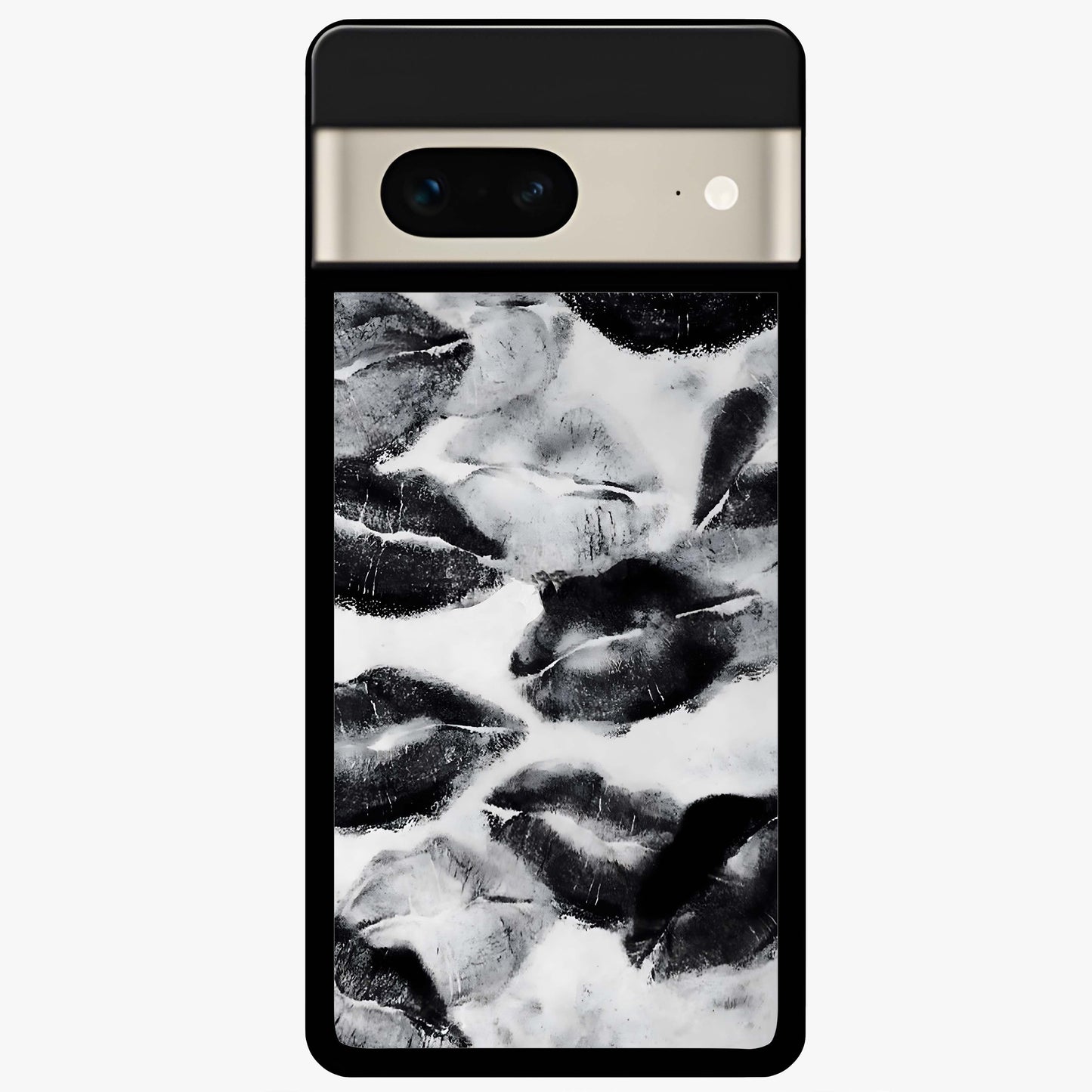 Midnight Kiss Marks Glass Case showing flat back view with lipstick kiss mark artwork and glossy glass finish.