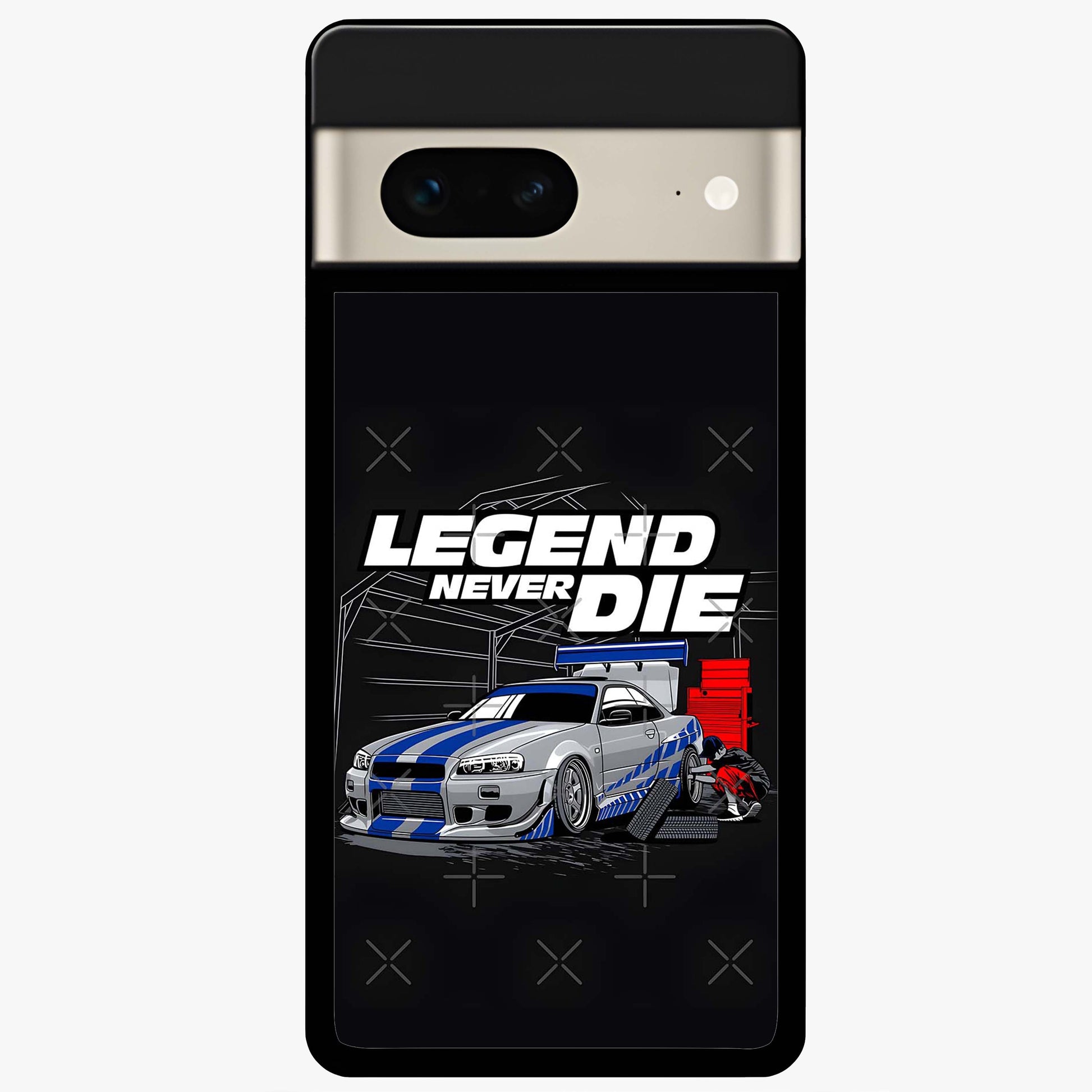 Midnight Racing Legacy Glass Case showing flat back view with sleek racing inspired artwork and glossy glass finish.