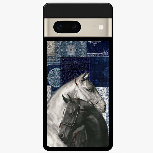 Midnight Stallion Blues Glass Case showing flat back view with majestic horse artwork and glossy glass finish.