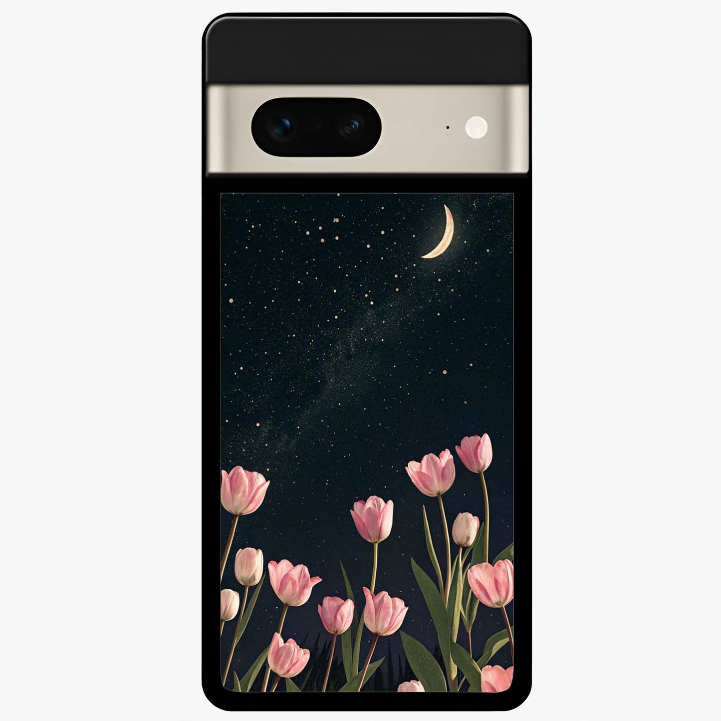 Midnight Tulip Whispers Vibe Glass Case showing flat back view with elegant tulip flower artwork and glossy glass finish.