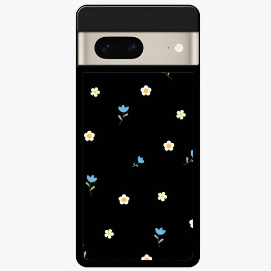Minimalistic Blue With White Flower Pattern Glass Case showing flat back view with blue background and white flower pattern and glossy glass finish.