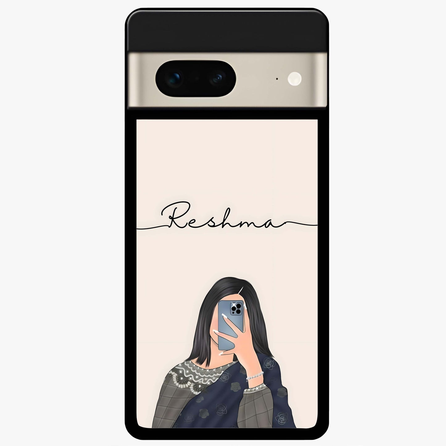 Mirror Mood Muse With Custom Name Glass Case showing flat back view with stylish mirrored artwork and personalized name design.