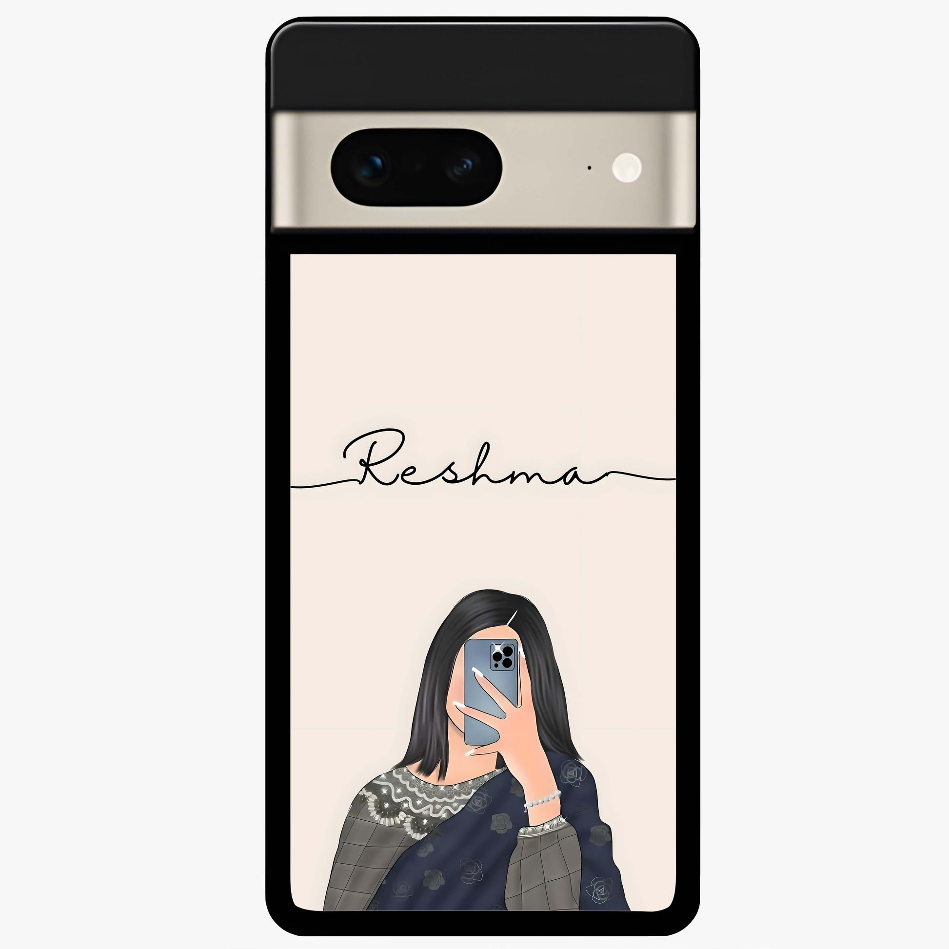 Mirror Mood Muse With Custom Name Glass Case showing flat back view with stylish mirrored artwork and personalized name design.