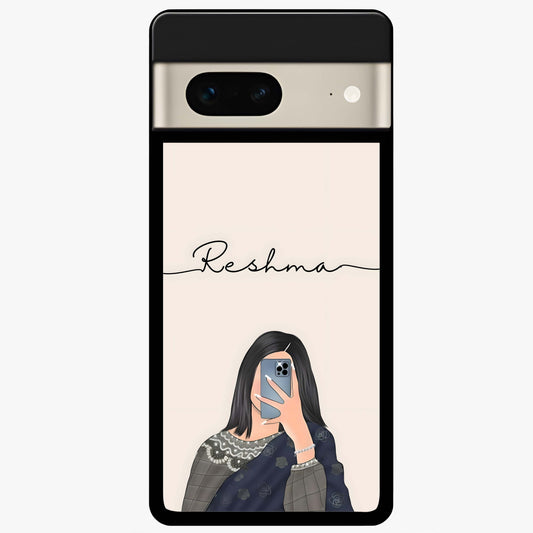 Mirror Mood Muse With Custom Name Glass Case showing flat back view with stylish mirrored artwork and personalized name design.