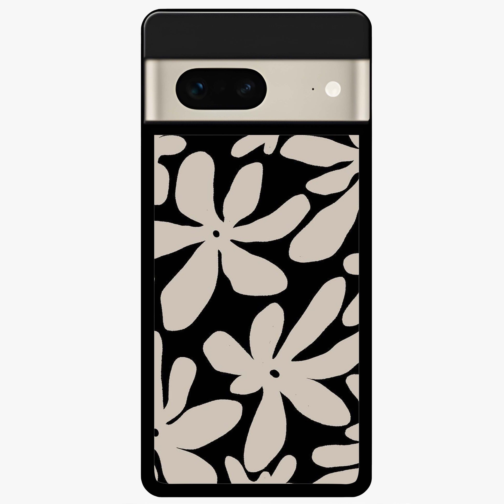 Monochrome Petal Dance Glass Case showing flat back view with monochrome floral artwork and glossy glass finish.