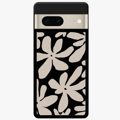 Monochrome Petal Dance Glass Case showing flat back view with monochrome floral artwork and glossy glass finish.
