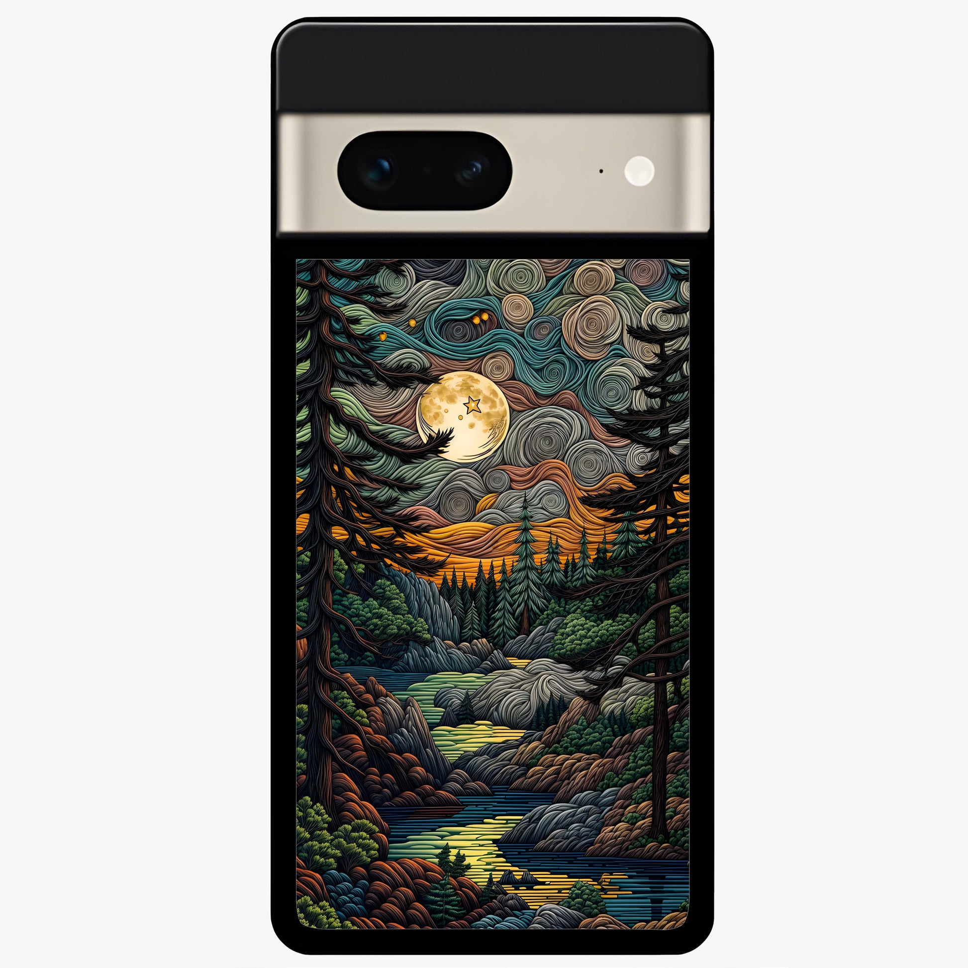Moonlight Forest Dream Glass Case showing flat back view with mystical forest moonlight artwork and glossy glass finish.
