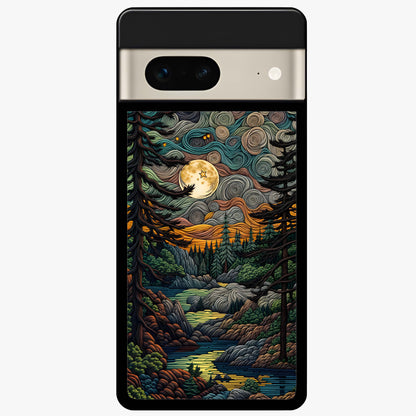 Moonlight Forest Dream Glass Case showing flat back view with mystical forest moonlight artwork and glossy glass finish.