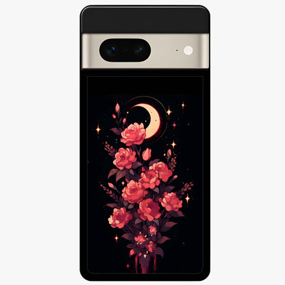 Moonlit Floral Elegance Glass Case showing flat back view with elegant floral artwork under moonlit tones and glossy glass finish.