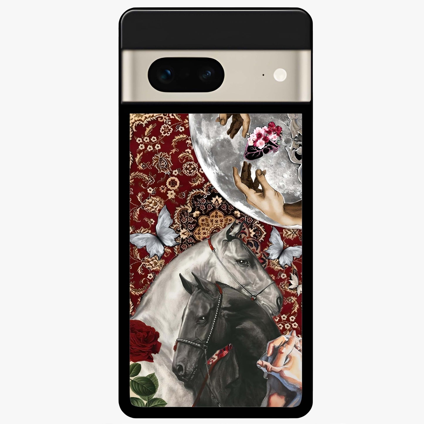 Moonlit Royal Stallion Glass Case showing flat back view with majestic horse under moonlight artwork and glossy glass finish.