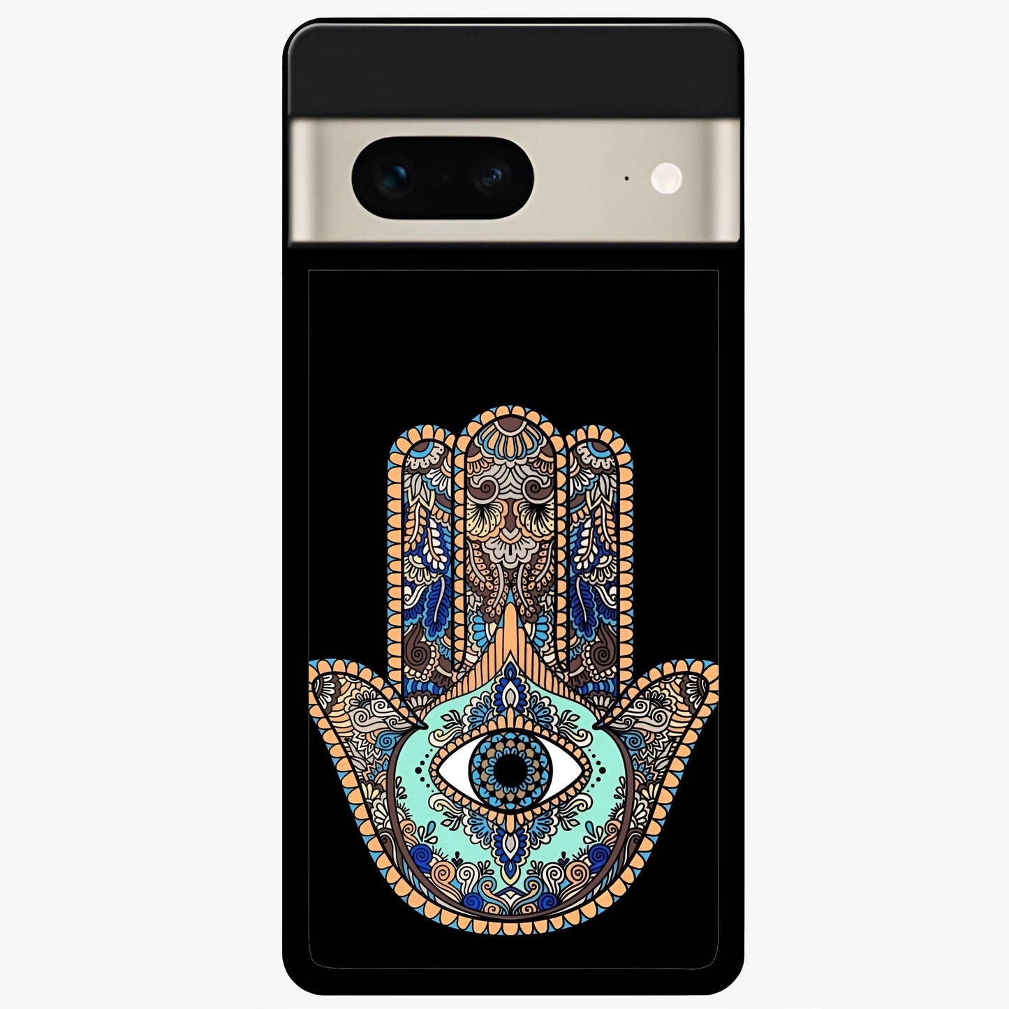 Mystic Hamsa Eye Glass Case showing flat back view with protective hamsa hand and evil eye artwork and glossy glass finish.